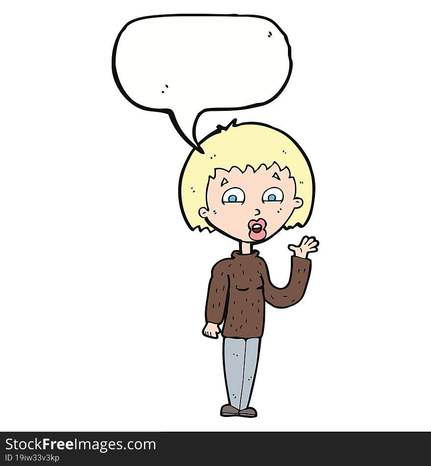 cartoon woman waving with speech bubble