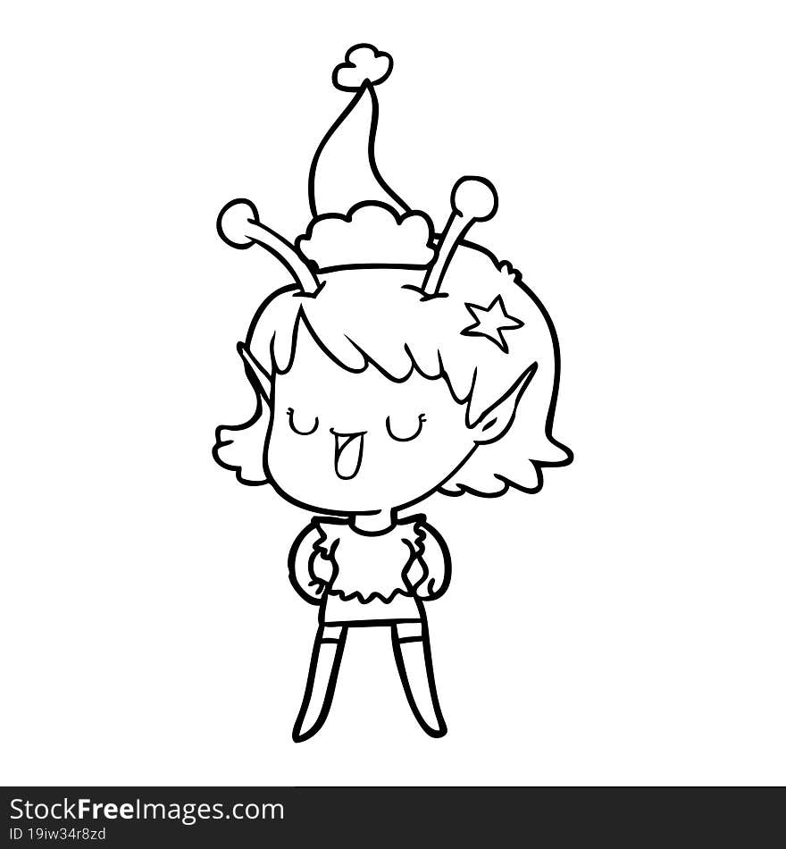 happy alien girl line drawing of a wearing santa hat