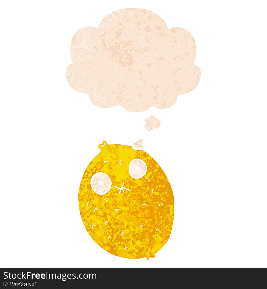 cartoon bitter lemon and thought bubble in retro textured style