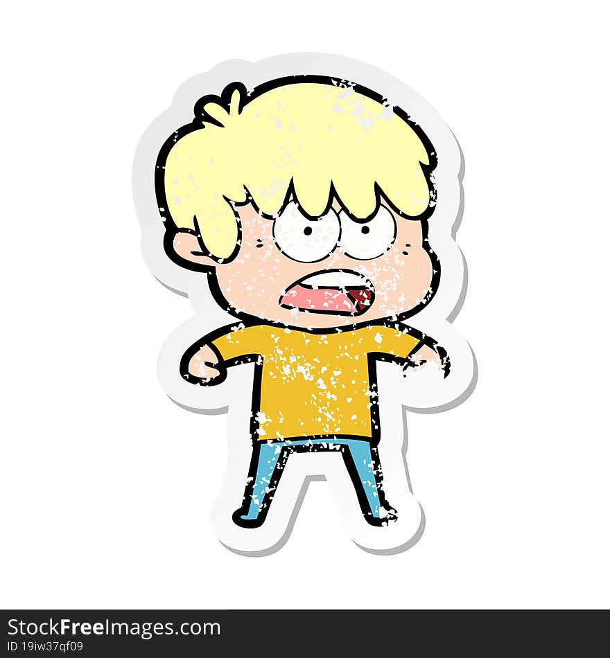 distressed sticker of a worried cartoon boy