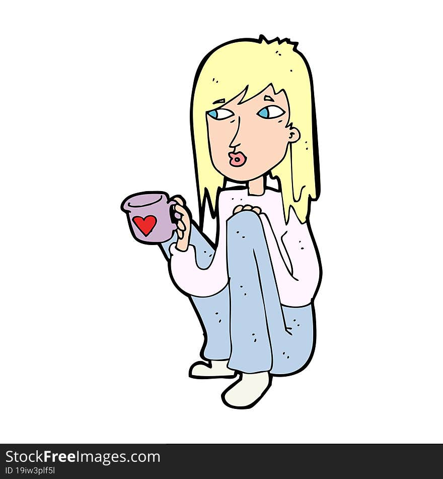 Cartoon Woman Sitting With Cup Of Coffee