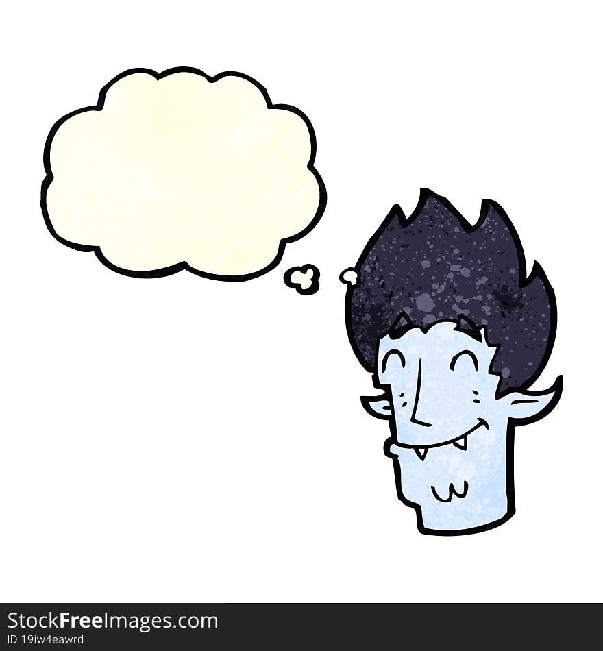 cartoon happy vampire head with thought bubble