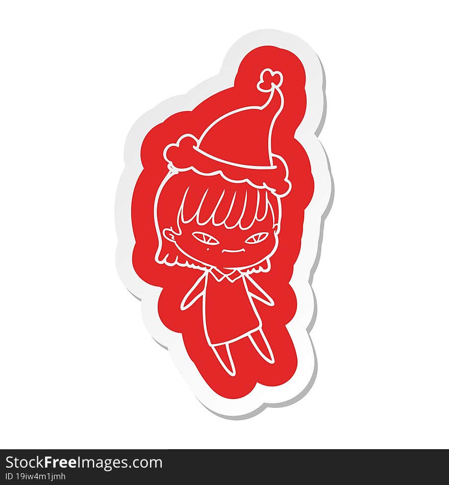 quirky cartoon  sticker of a woman wearing santa hat