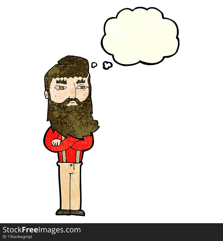 cartoon serious man with beard with thought bubble