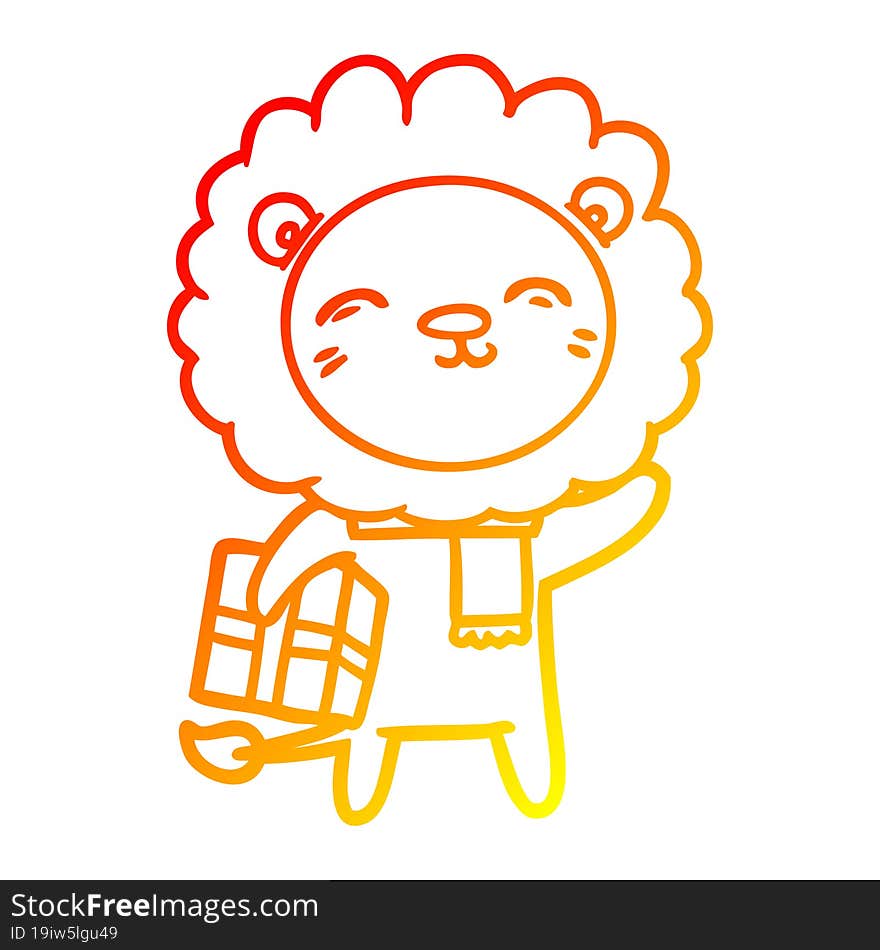 warm gradient line drawing of a cartoon lion with christmas present