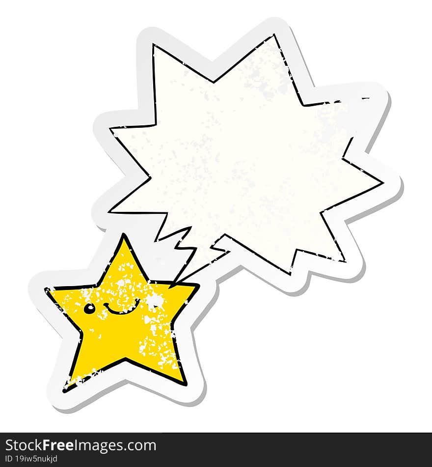 happy cartoon star with speech bubble distressed distressed old sticker. happy cartoon star with speech bubble distressed distressed old sticker