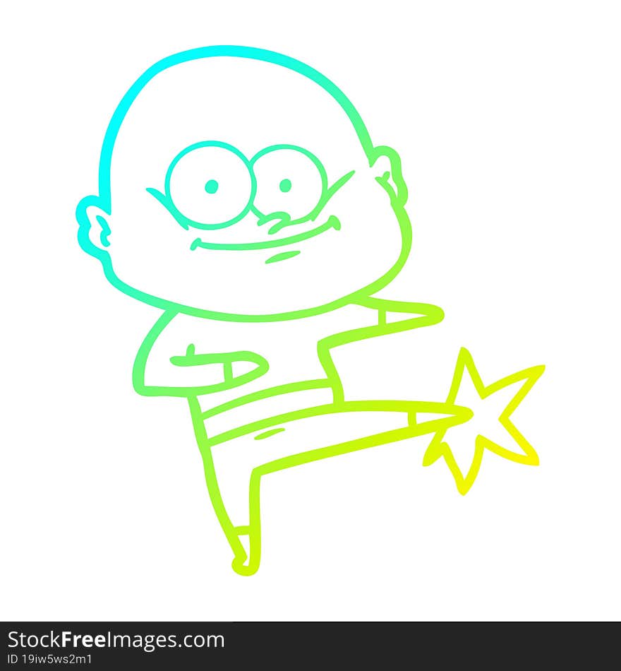 cold gradient line drawing of a cartoon bald man karate kicking