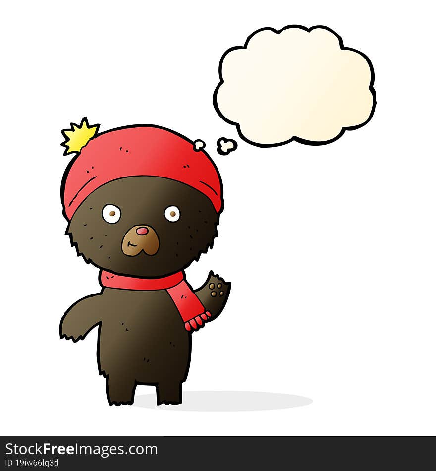 cartoon waving black bear with thought bubble