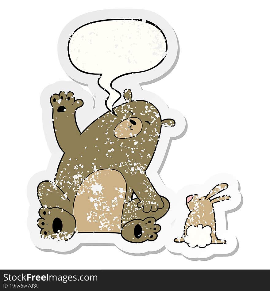 cartoon bear and rabbit friends and speech bubble distressed sticker