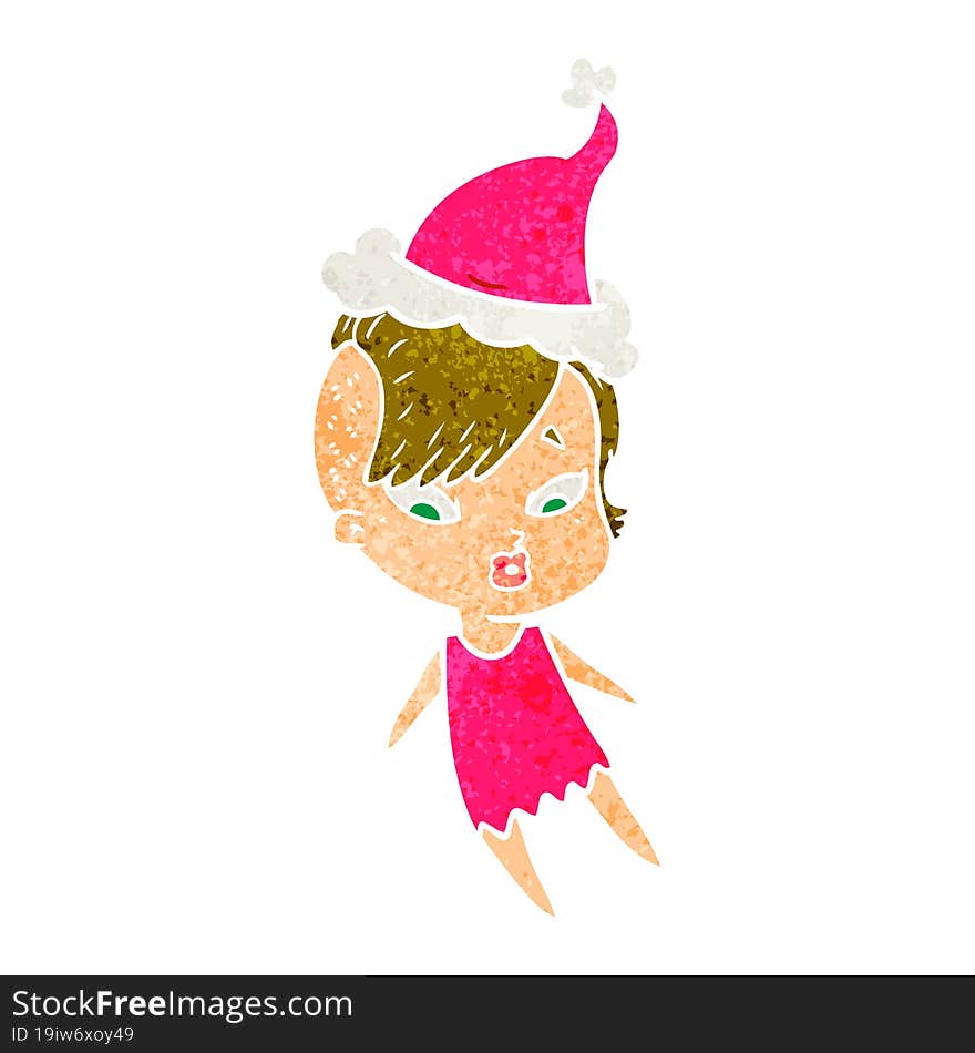 retro cartoon of a surprised girl wearing santa hat