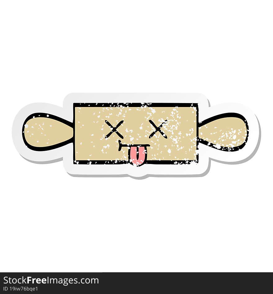 distressed sticker of a cute cartoon rolling pin