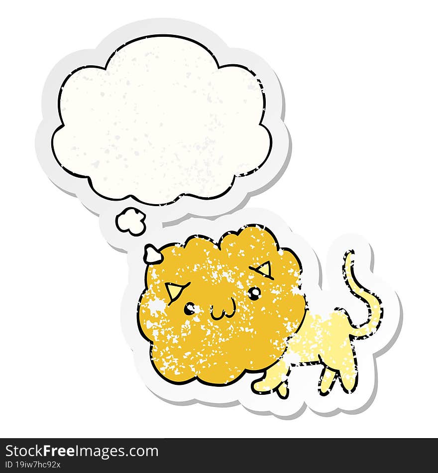 cartoon lion and thought bubble as a distressed worn sticker