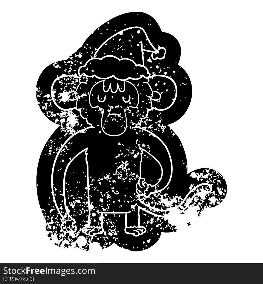 Cartoon Distressed Icon Of A Monkey Scratching Wearing Santa Hat