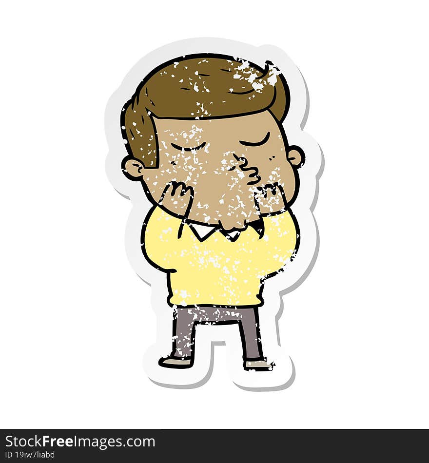 distressed sticker of a cartoon model guy pouting