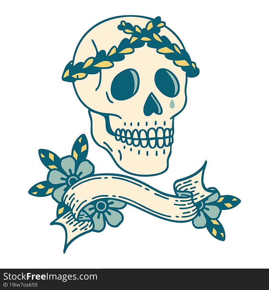 tattoo with banner of a skull with laurel wreath crown