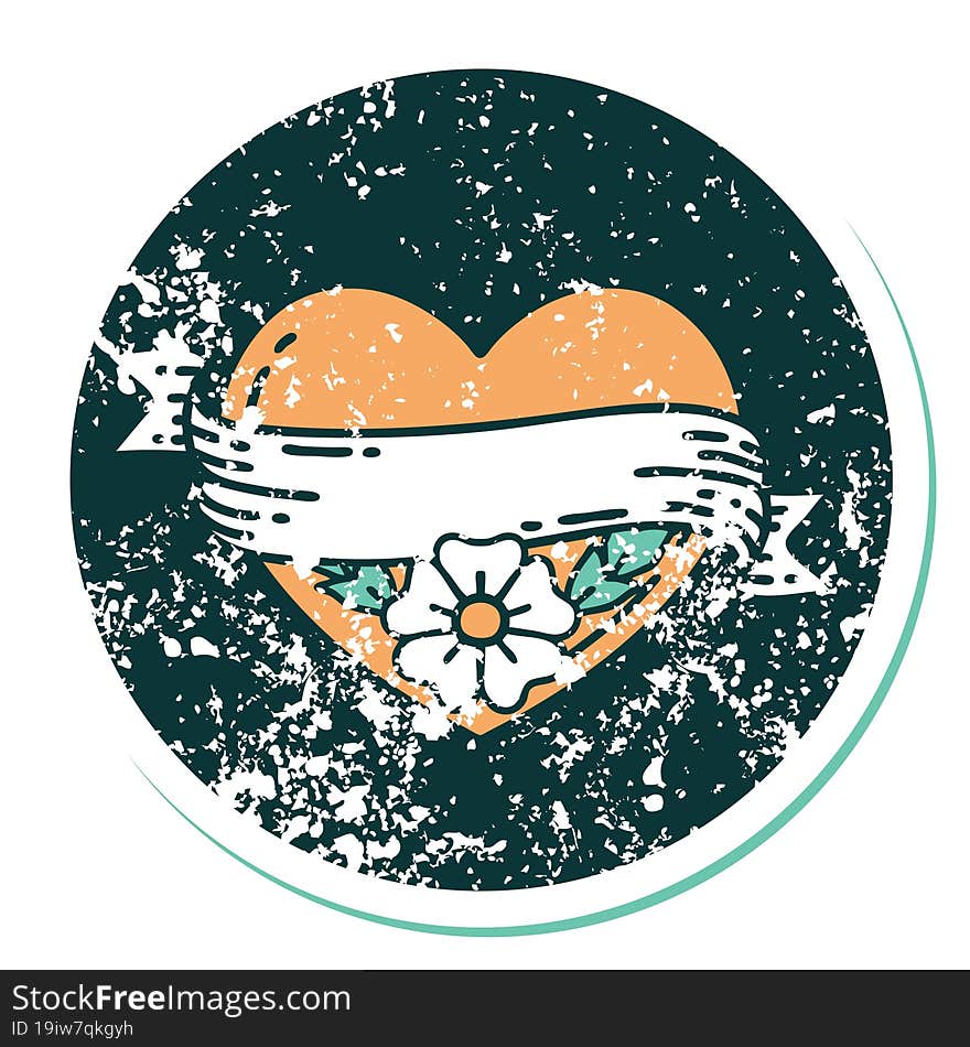 distressed sticker tattoo style icon of a heart and banner with flowers