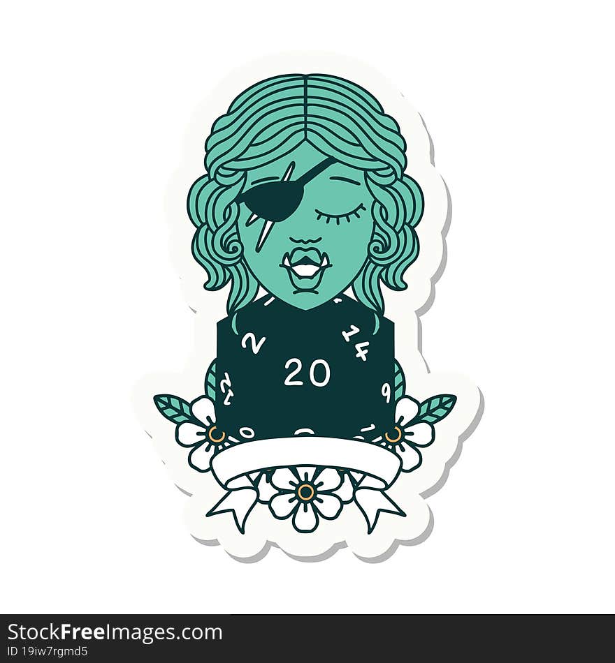 half orc rogue character with natural twenty dice roll sticker