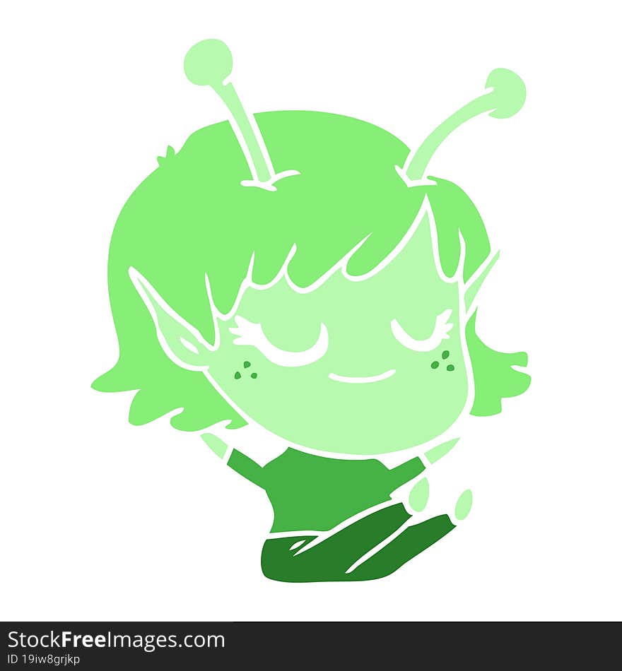 Smiling Alien Girl Flat Color Style Cartoon Sitting