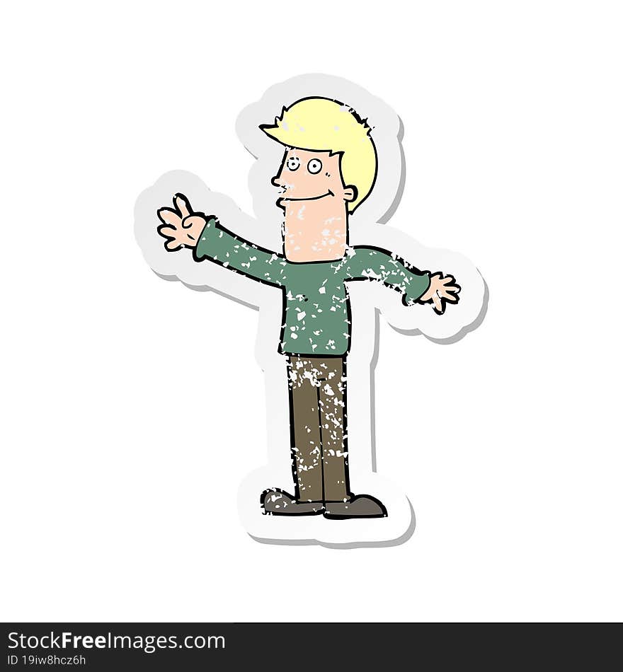 retro distressed sticker of a cartoon happy man waving