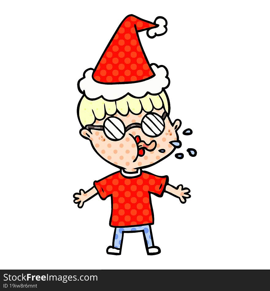 Comic Book Style Illustration Of A Boy Wearing Spectacles Wearing Santa Hat