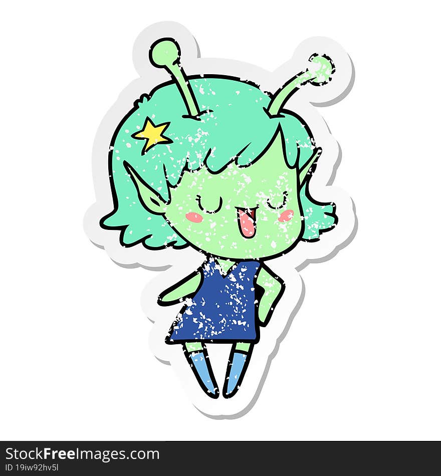 distressed sticker of a happy alien girl cartoon laughing