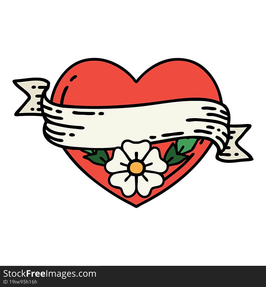 Traditional Tattoo Of A Heart And Banner With Flowers