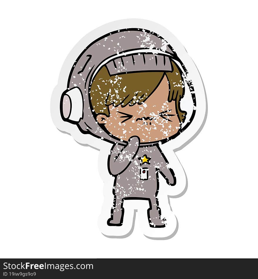 distressed sticker of a cartoon astronaut woman