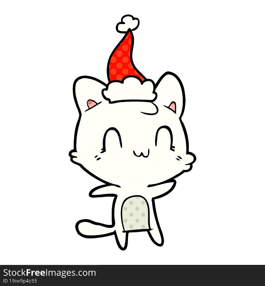 comic book style illustration of a happy cat wearing santa hat