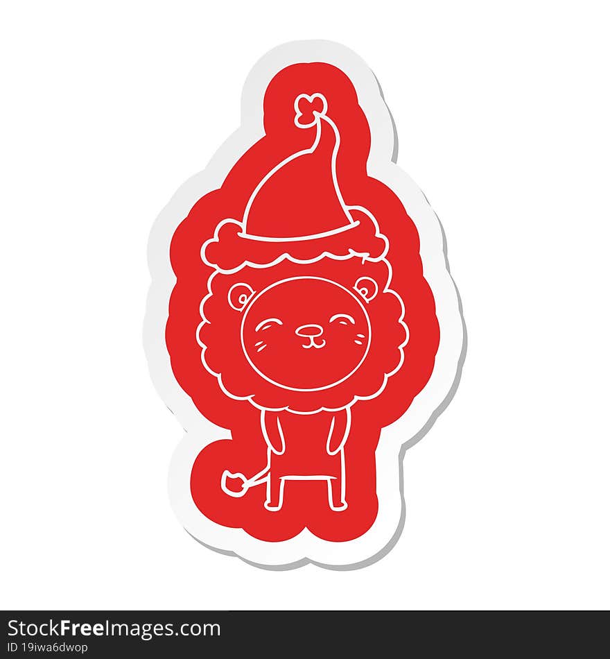 cartoon  sticker of a lion wearing santa hat