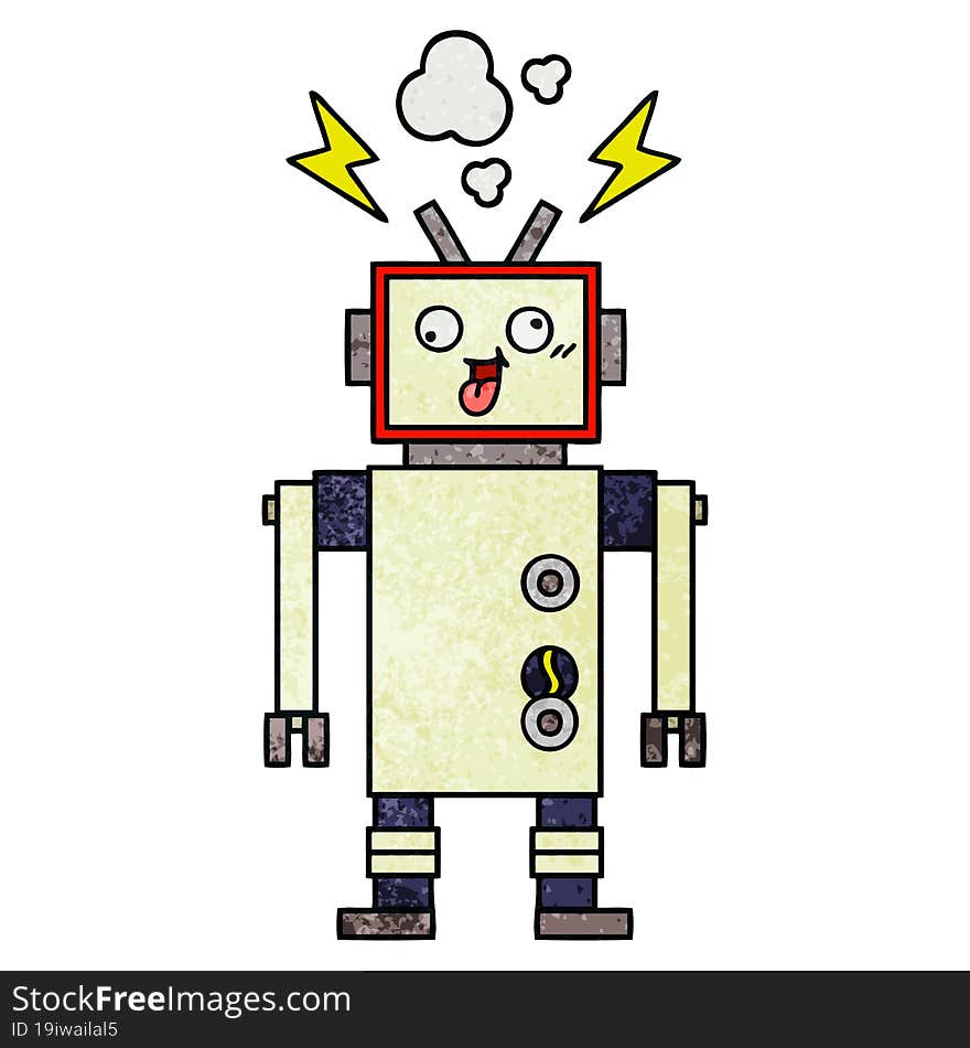 retro grunge texture cartoon of a crazy broken robot