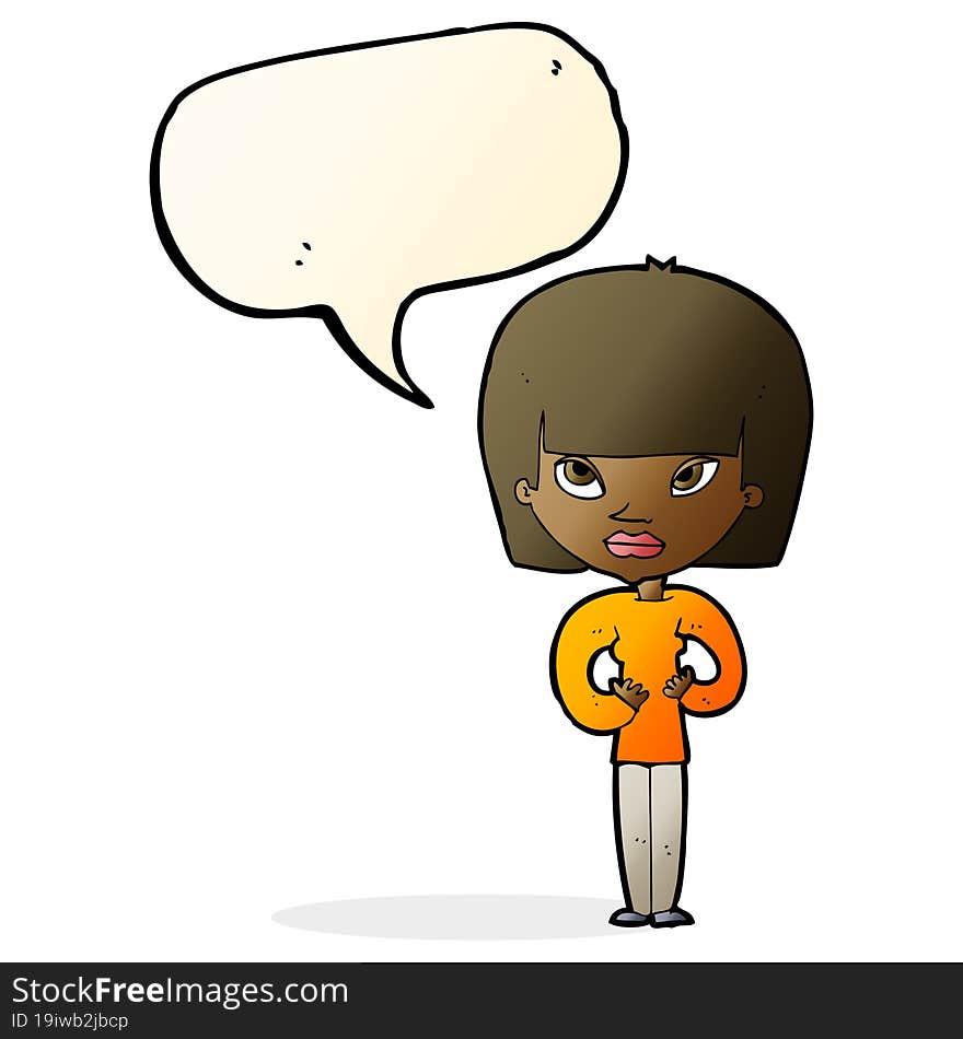 cartoon woman gesturing at herself with speech bubble