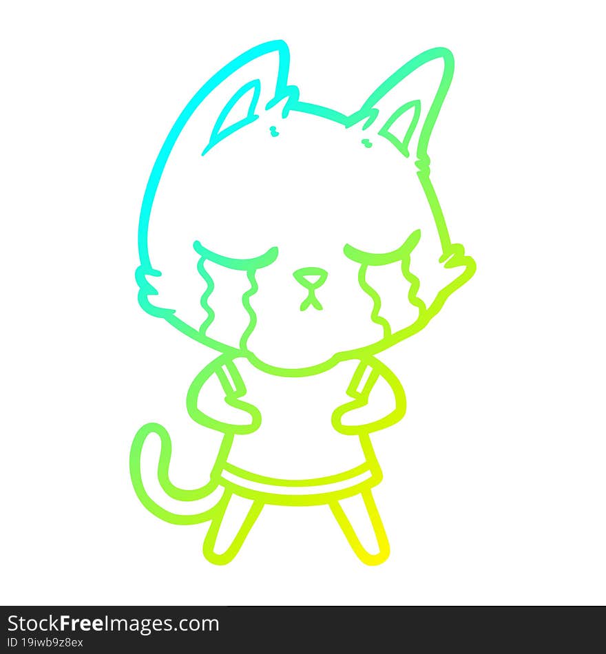 cold gradient line drawing crying cartoon cat