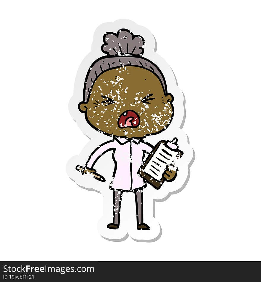 Distressed Sticker Of A Cartoon Angry Old Woman