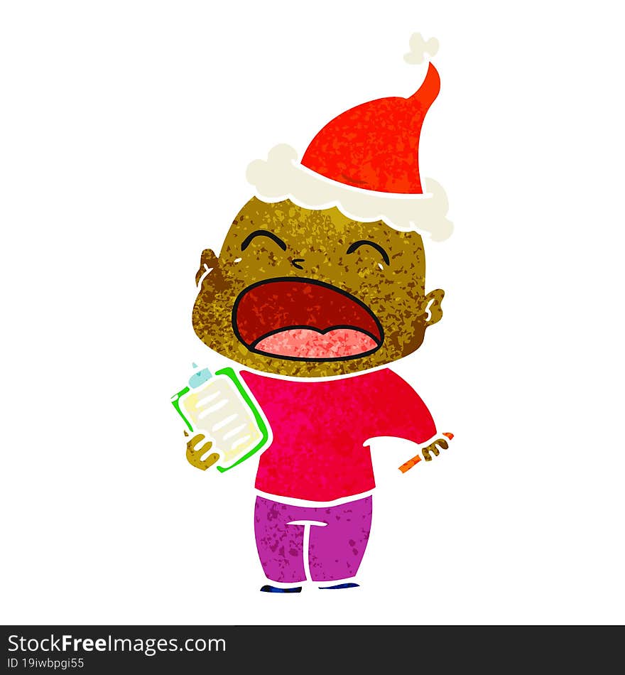 retro cartoon of a shouting bald man wearing santa hat