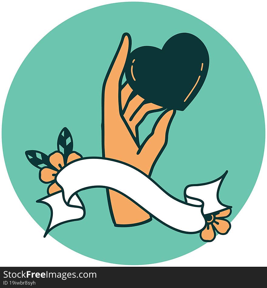 tattoo style icon with banner of a hand holding a heart