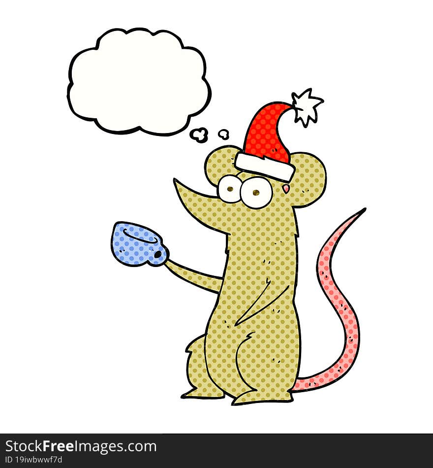 freehand drawn thought bubble cartoon mouse wearing christmas hat