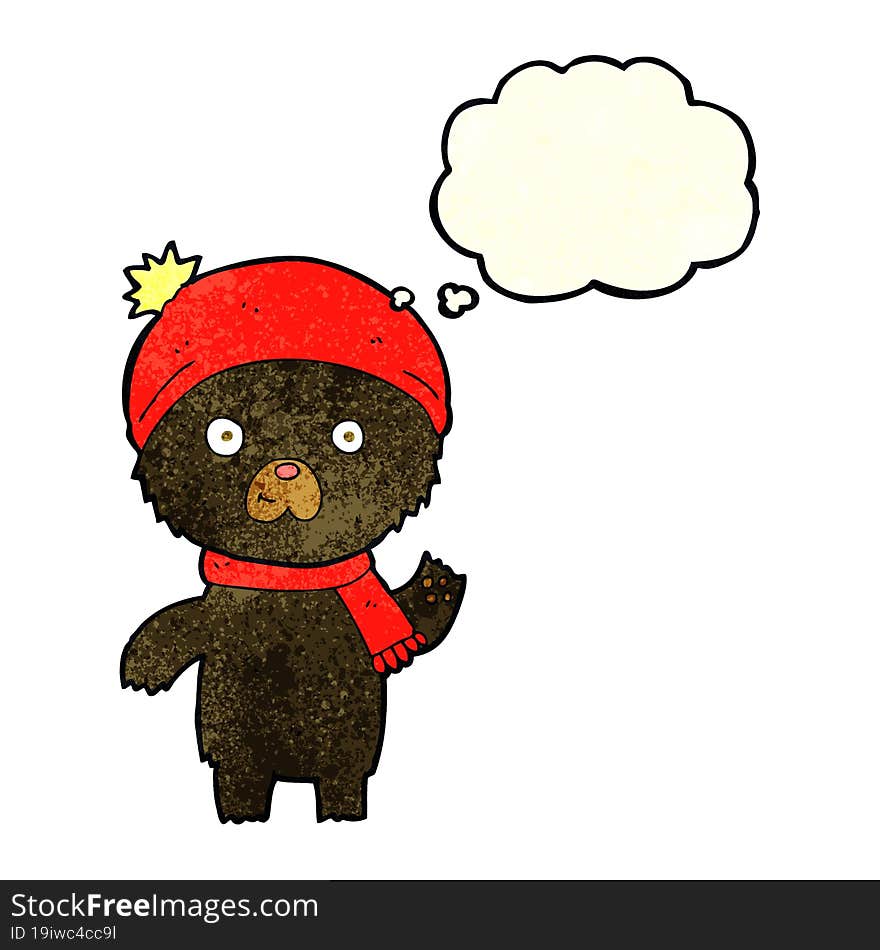 cartoon waving black bear with thought bubble