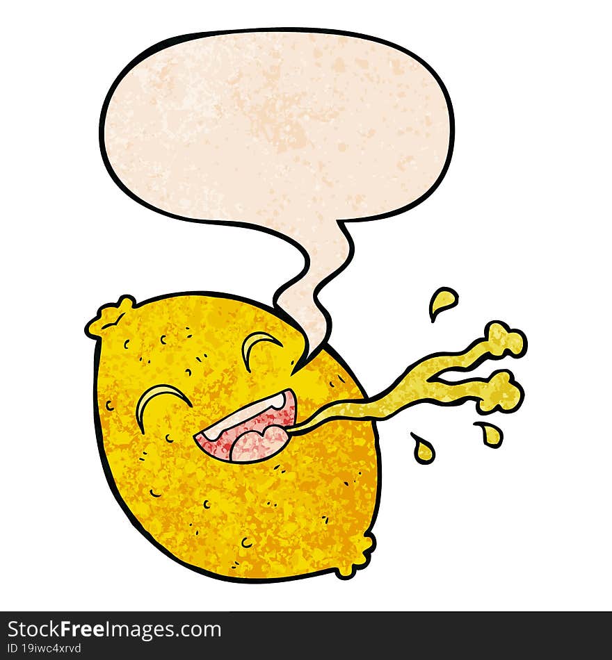 cartoon squirting lemon and speech bubble in retro texture style