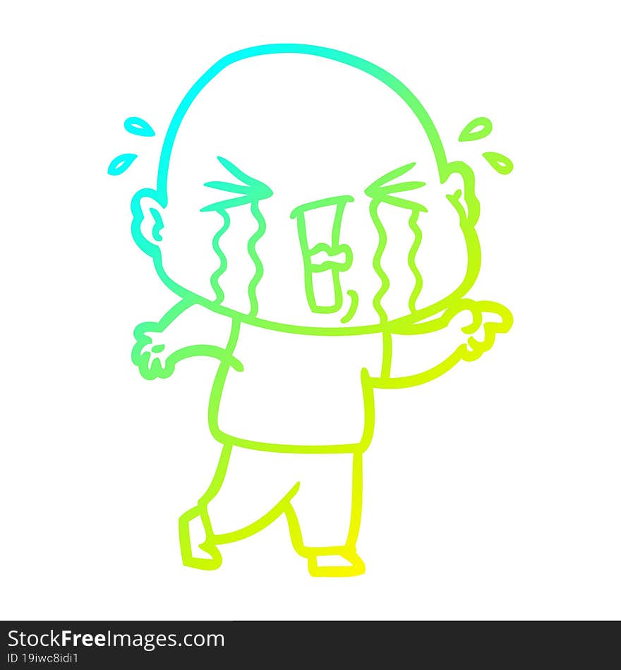 cold gradient line drawing cartoon crying bald man