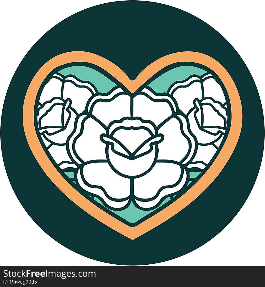 iconic tattoo style image of a heart and flowers. iconic tattoo style image of a heart and flowers