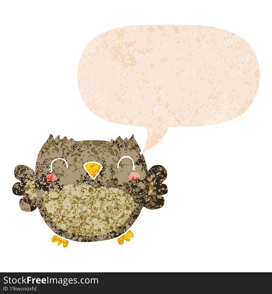 cute cartoon owl and speech bubble in retro textured style