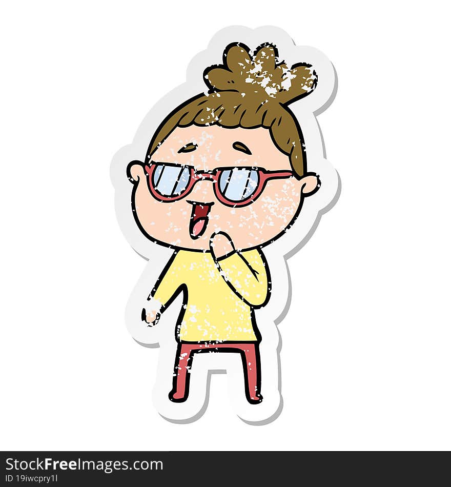 distressed sticker of a cartoon happy woman wearing spectacles