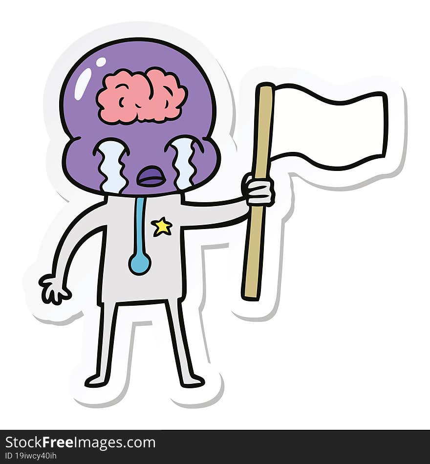 Sticker Of A Cartoon Crying Big Brain Alien Waving A Flag