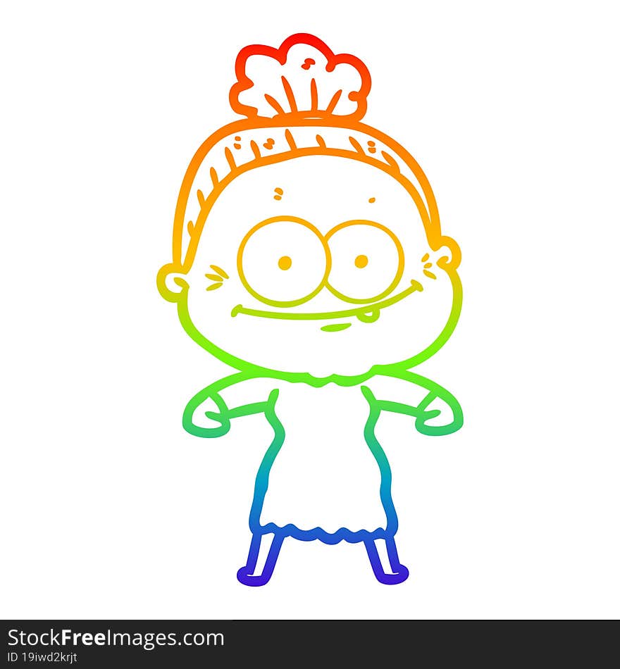 rainbow gradient line drawing of a cartoon happy old woman