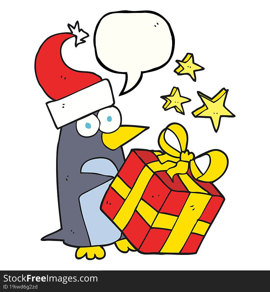 speech bubble cartoon christmas penguin with present