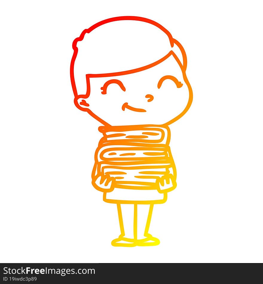 warm gradient line drawing cartoon boy with books smiling