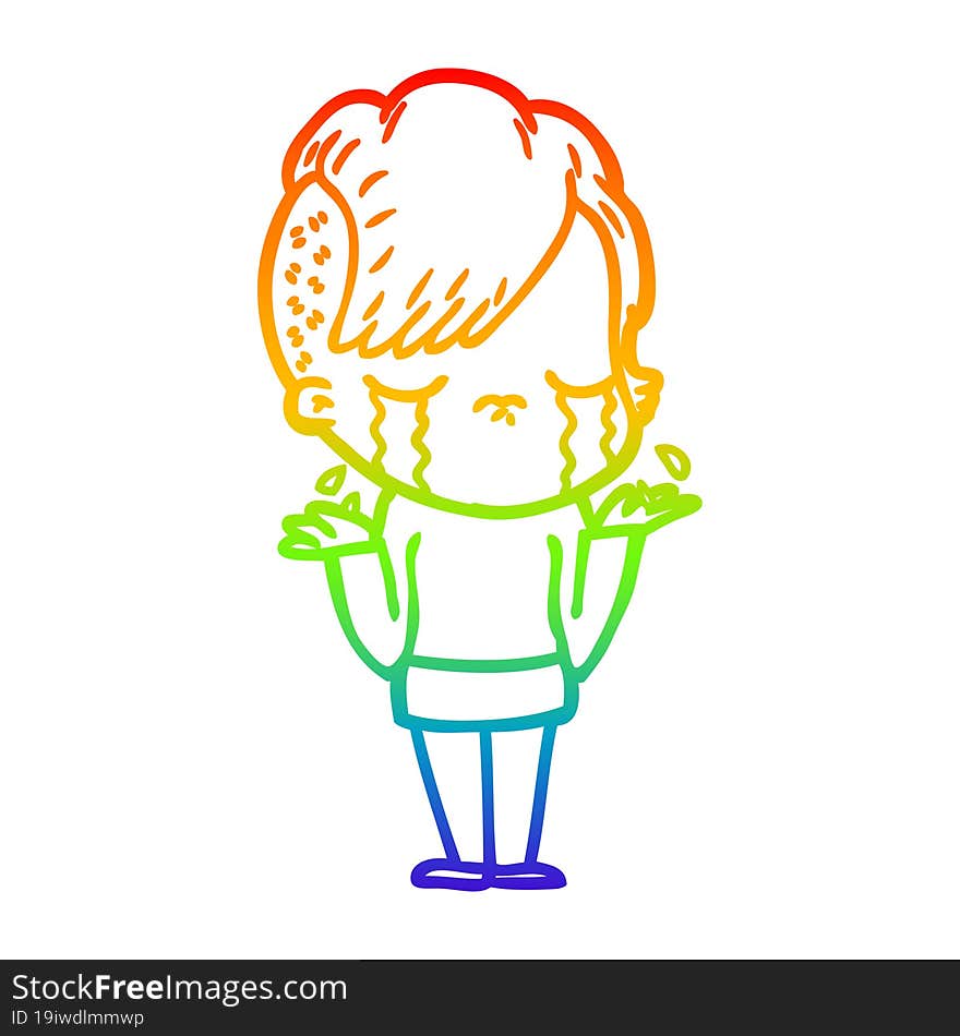 rainbow gradient line drawing of a cartoon crying girl