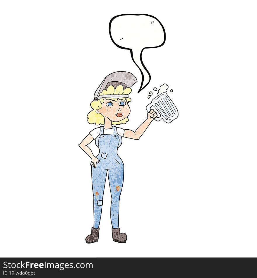 freehand speech bubble textured cartoon hard working woman with beer