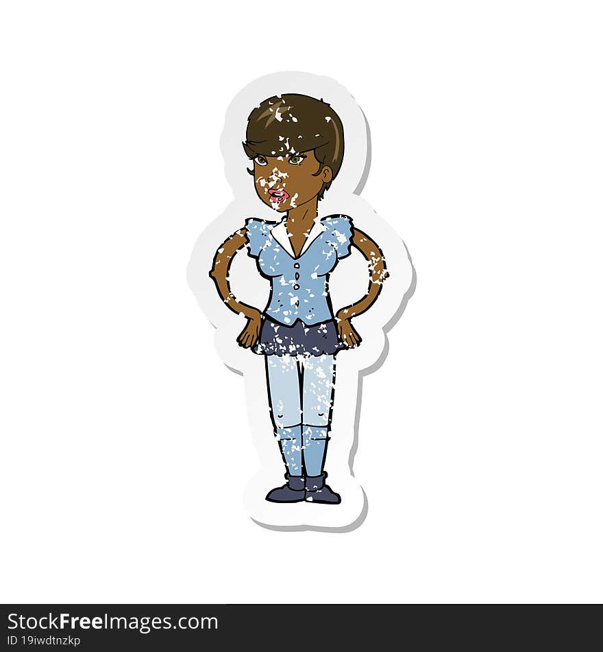 Retro Distressed Sticker Of A Cartoon Woman With Hands On Hips