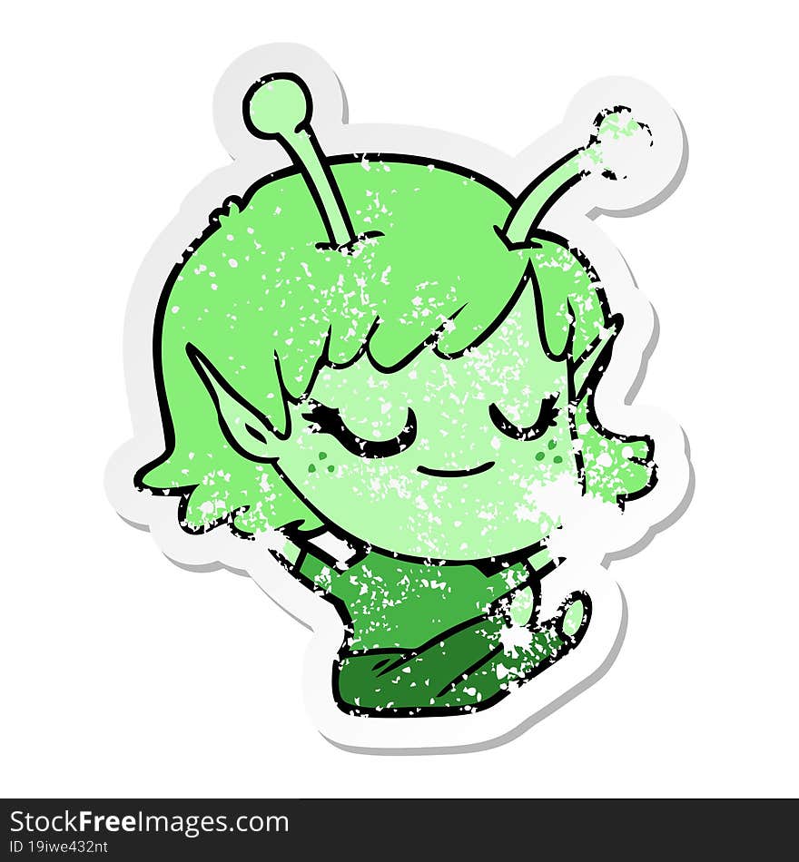 Distressed Sticker Of A Smiling Alien Girl Cartoon Sitting